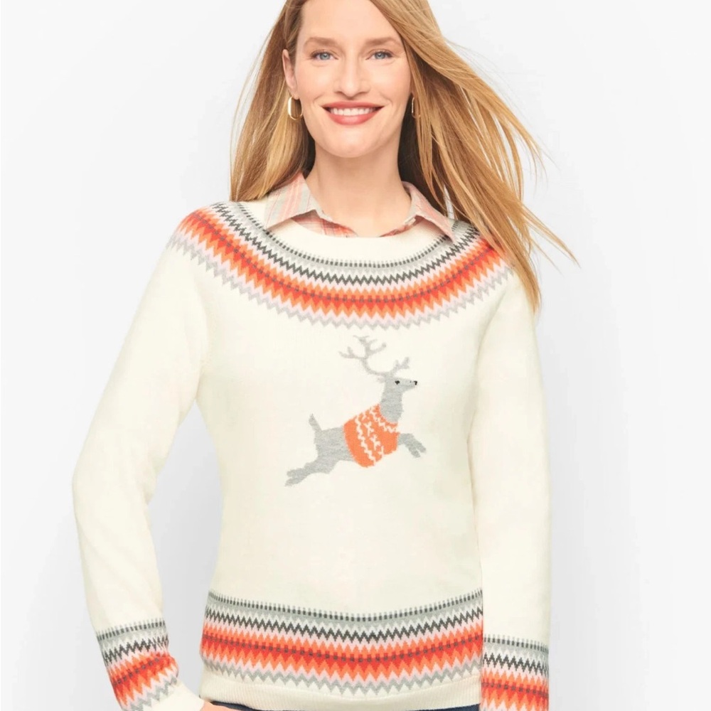 TALBOTS Ivory Orange Reindeer Fair Isle Crewneck Pullover Sweater Large Preppy